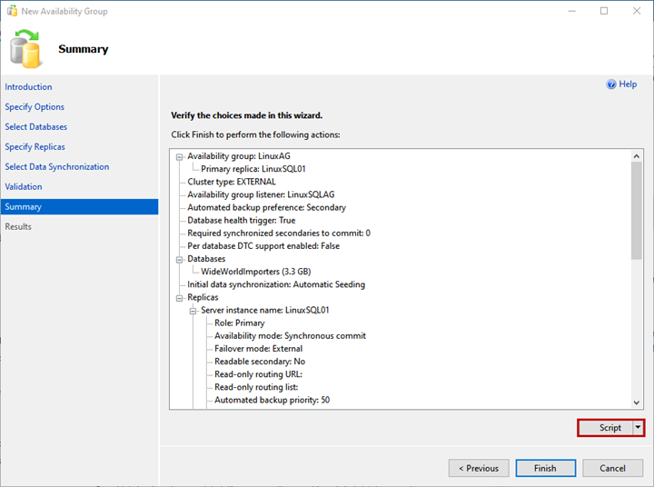 On the Summary screen, you can see the list of configurations chosen to deploy the availability group.