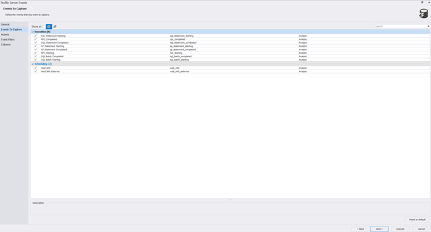 After checking all events to capture in the trace session, click Next to proceed